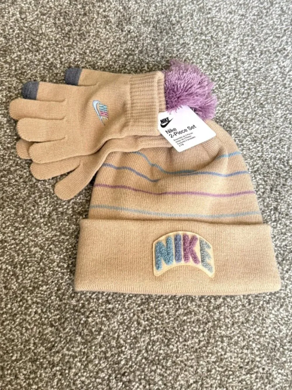Nike Kids 2-Piece Winter Set Beige Striped Beanie Pom Touchscreen Gloves NWT